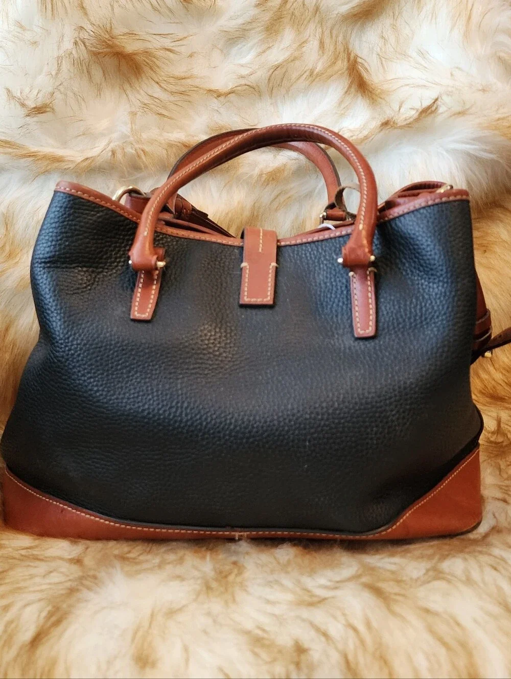 Dooney & Bourke Black Pebbled Leather Satchel with Brown Trim